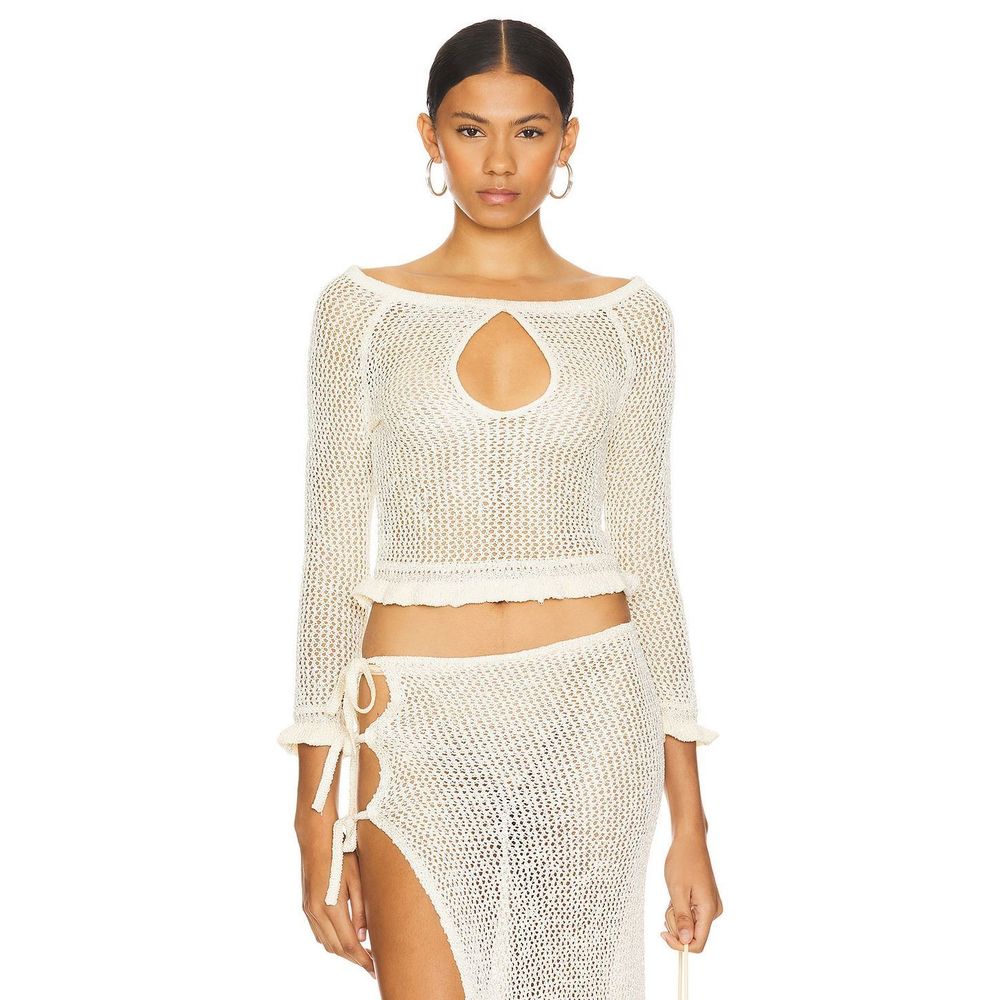 New LOBA Alexius Sequin Top in Ivory yellow mesh knit sparkle long sleeve